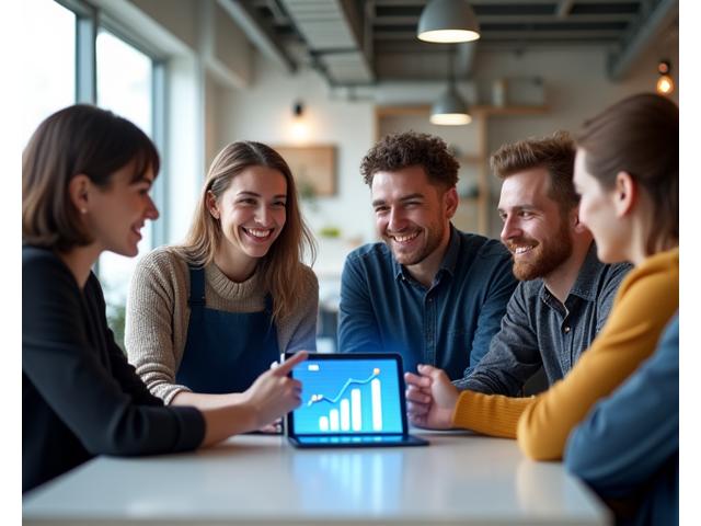 Diverse group of Irish small business owners collaborating and smiling, looking optimistic about growth with a subtle overlay of digital charts and graphs.