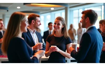 Group of diverse Irish business professionals networking at an event with coffee and laptops.