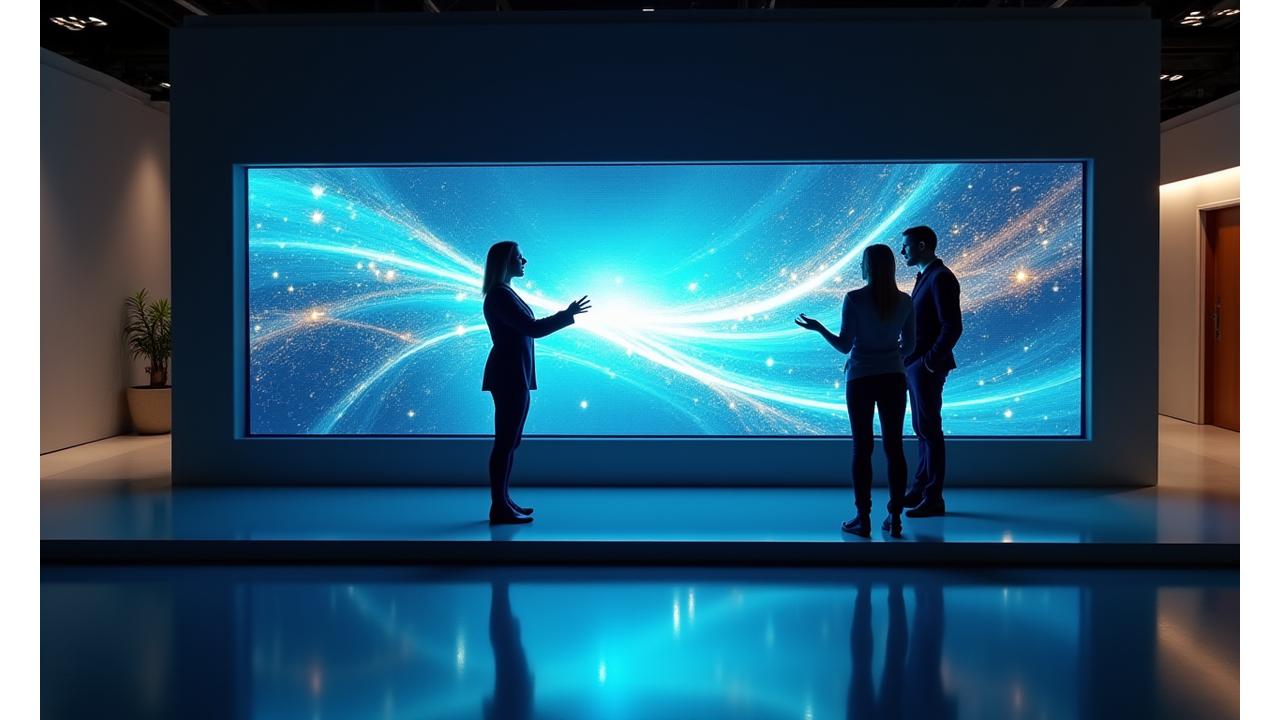 Sleek, modern promotional stand with a large interactive touchscreen display.