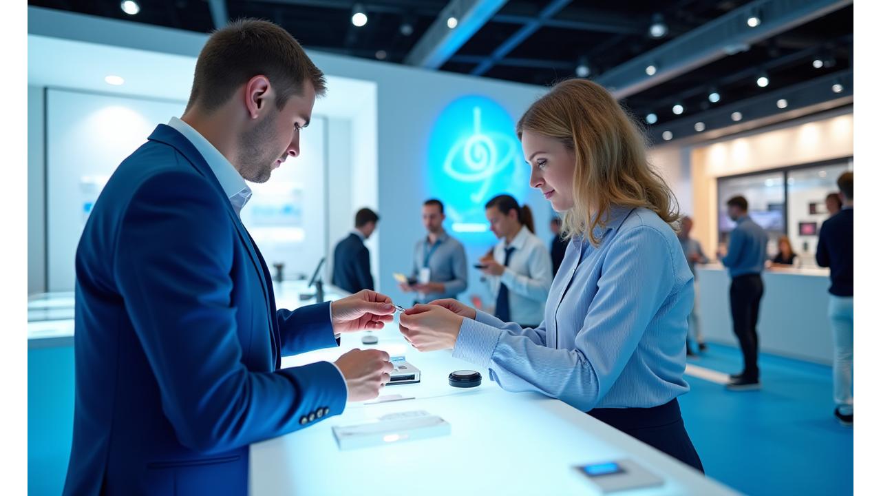 A vibrant product demonstration area on a stand with staff engaging customers.