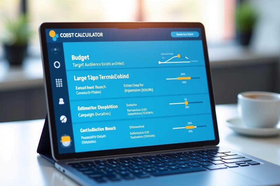 Graphical interface of a digital cost calculator with sliders and charts to estimate advertising budget and reach for Connected TV
