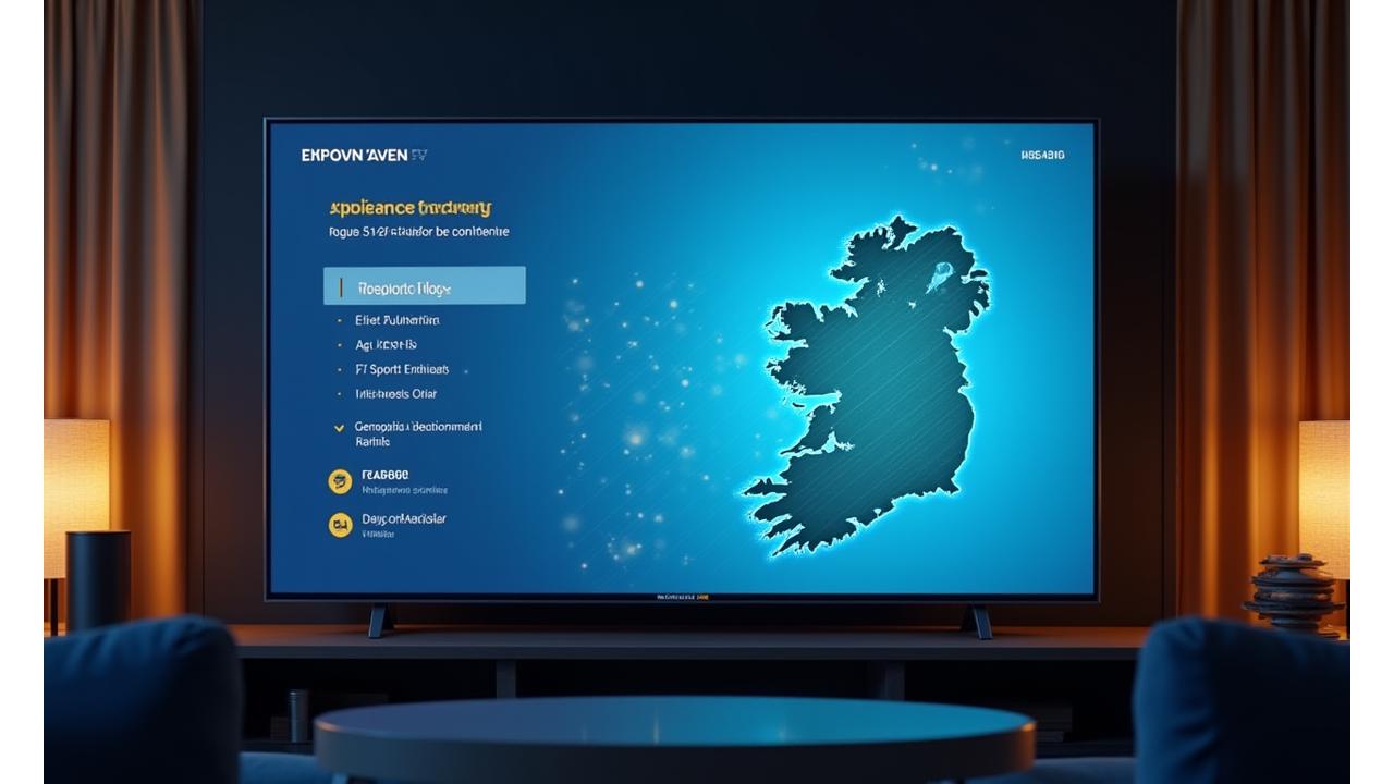 Interface showing Connected TV advertising targeting options for Irish audience demographics and interests on a large screen with a subtle map of Ireland behind it.