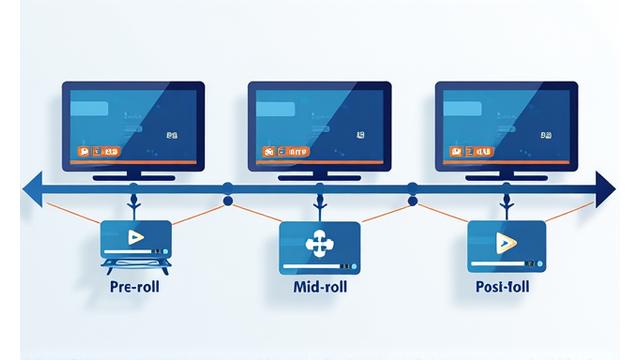 Visual representation of pre-roll, mid-roll, and post-roll video ad placements on a timeline