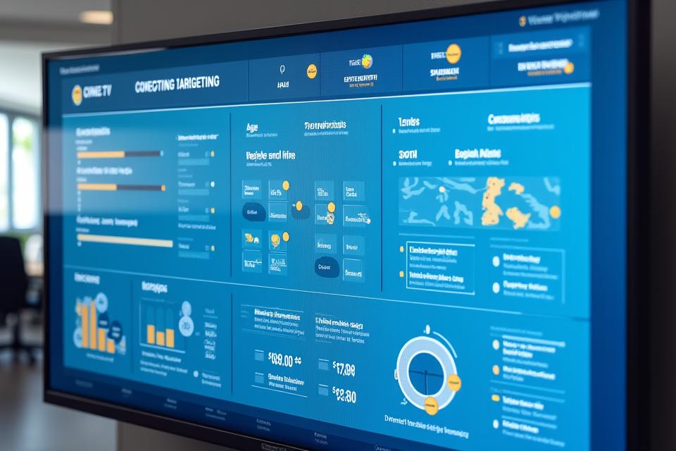 Digital interface showcasing various targeting options like demographics, behaviors, interests, and geographic locations with audience size estimations.