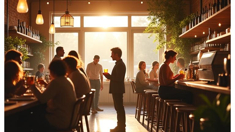 Busy cafe interior with happy customers, bustling and cheerful atmosphere