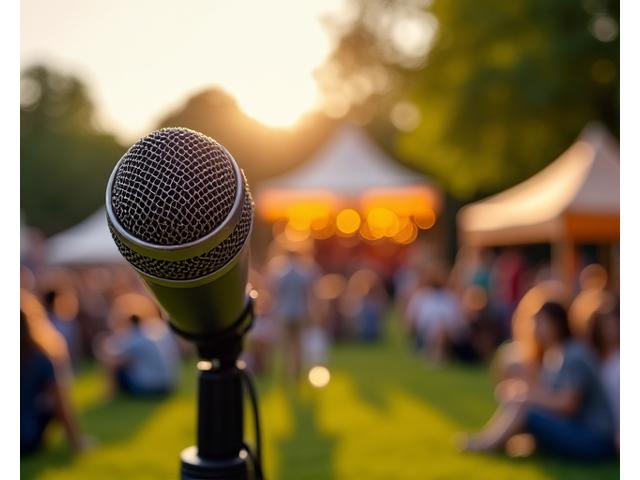 Radio microphone with a blurred background of a local community event, representing sponsorships
