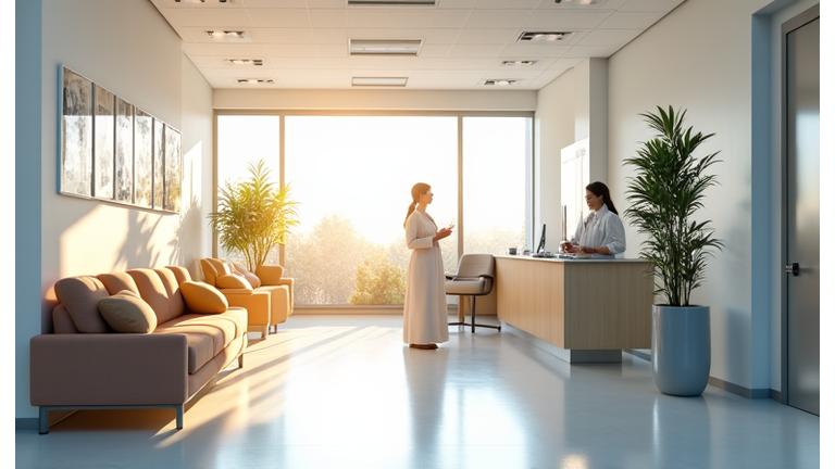 Modern and bright dental clinic reception area, clean and welcoming