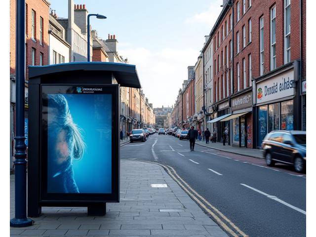 Urban bus stop with a digital advertisement, billboard, and community notice board