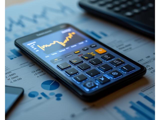 Person using a calculator surrounded by charts