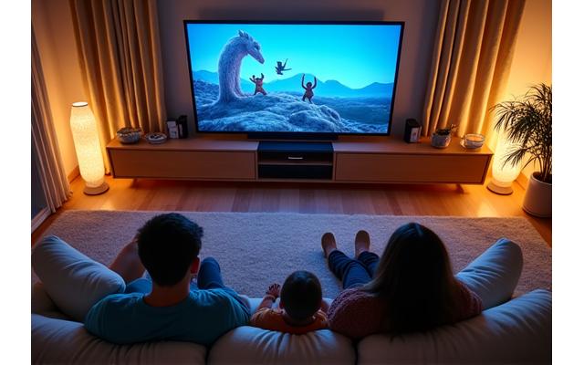 Family watching a smart TV with streaming service interface