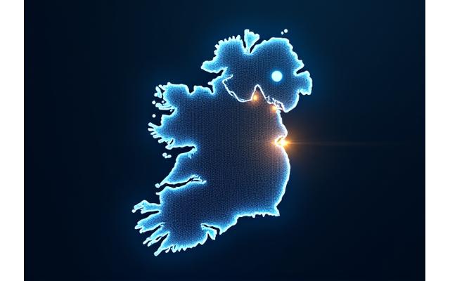 Map of Ireland with digital pins highlighting major cities and towns