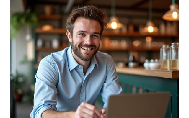 Small business owner smiling at a laptop in a modern Irish office