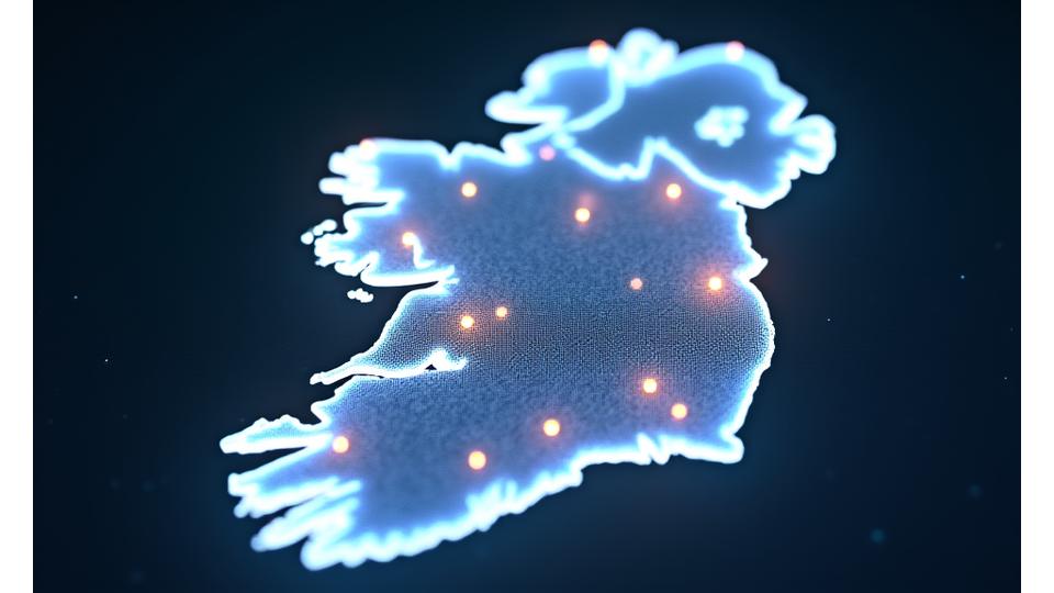 Interactive map of Ireland with illuminated regions showing advanced demographic and behavioral targeting data points