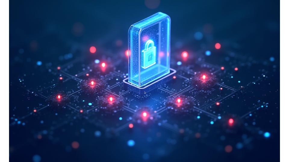 Abstract illustration of interlocking data nodes within a secure digital shield, representing robust data protection and confidentiality for advertising strategies.