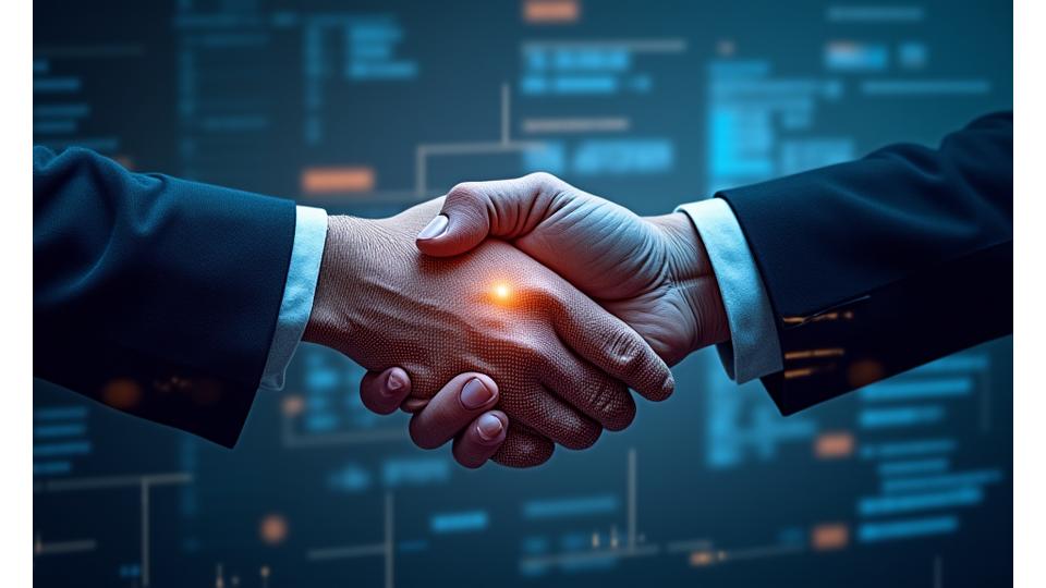 Two hands shaking over a digital interface, symbolizing collaboration and mutual obligations in advertising project management in Ireland.
